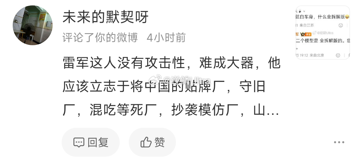 又无知又爱胡诌雷总要不是大器，谁还是大器。小米有自个厂子，有自个的技术，小米的创