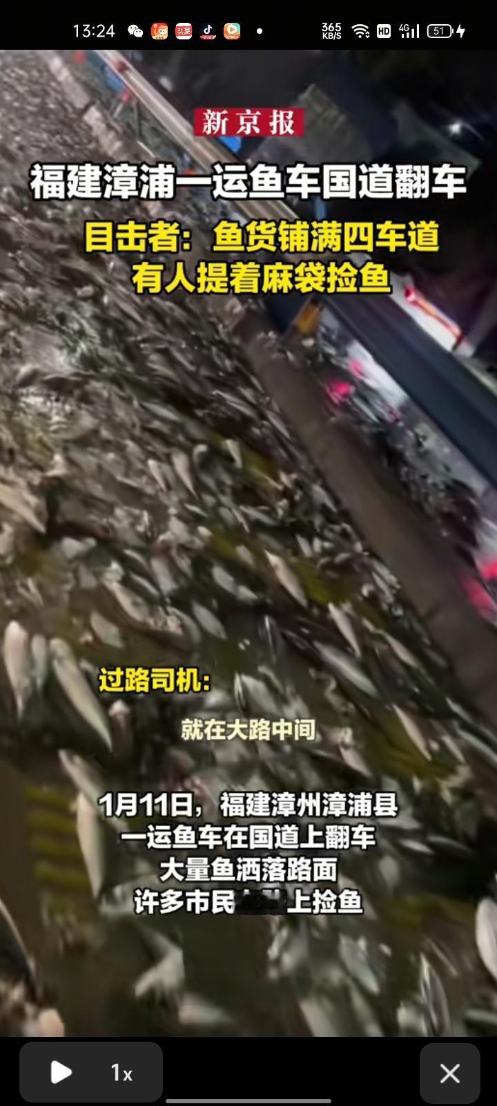 1月11日，漳州市漳浦县。运鱼车在国道上翻车，大量鱼洒落路面，不少市民在路上捡鱼