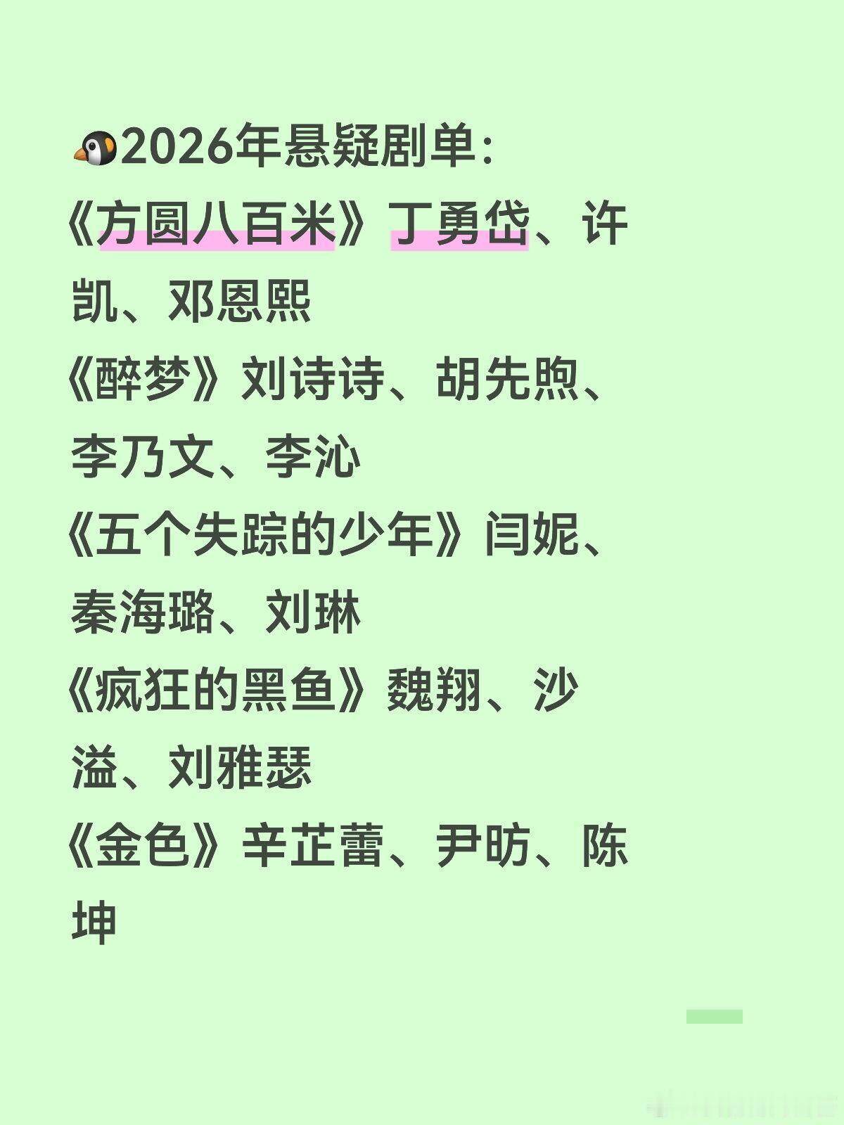 🐧2026年悬疑剧单：《方圆八百米》丁勇岱、许凯、邓恩熙《醉梦》刘诗诗、胡先煦