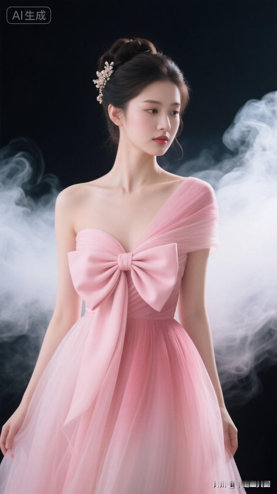 这姑娘穿着粉色礼服，真漂亮！