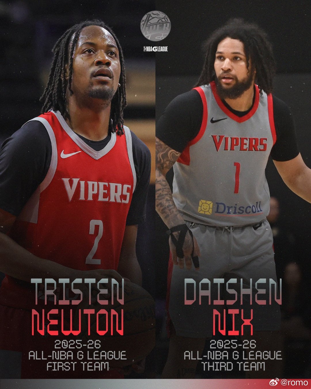 NBAG联盟今日宣布，特里斯滕·牛顿和戴申·尼克斯分别入选G联盟最佳阵容的一阵和