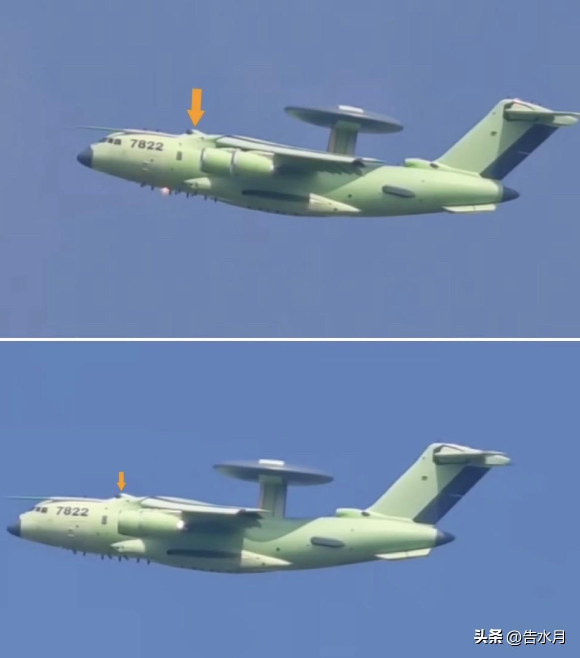 新型战略预警机高清新画面出炉，顶上的盘子巨大，而且可以直接分辨出使用了两面阵，从