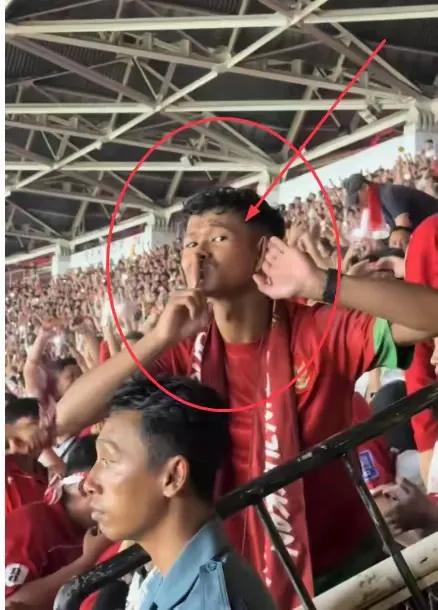 中国队0:1不敌印尼队，印尼球迷忘我地欢呼自己球队的胜利。
一个印尼球迷高高站起