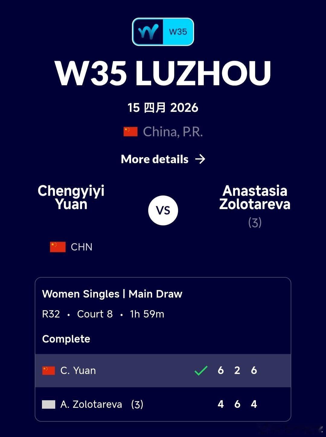 W35泸州站🇨🇳女单第1轮今日赛况：邵羽杉🇨🇳4-1兰谢列🇷🇺（退赛