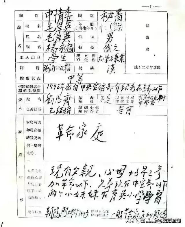 毛岸英同志在入朝前亲笔写了一份档案表，其笔迹遒劲有力，颇有主席的风采

作为彭德