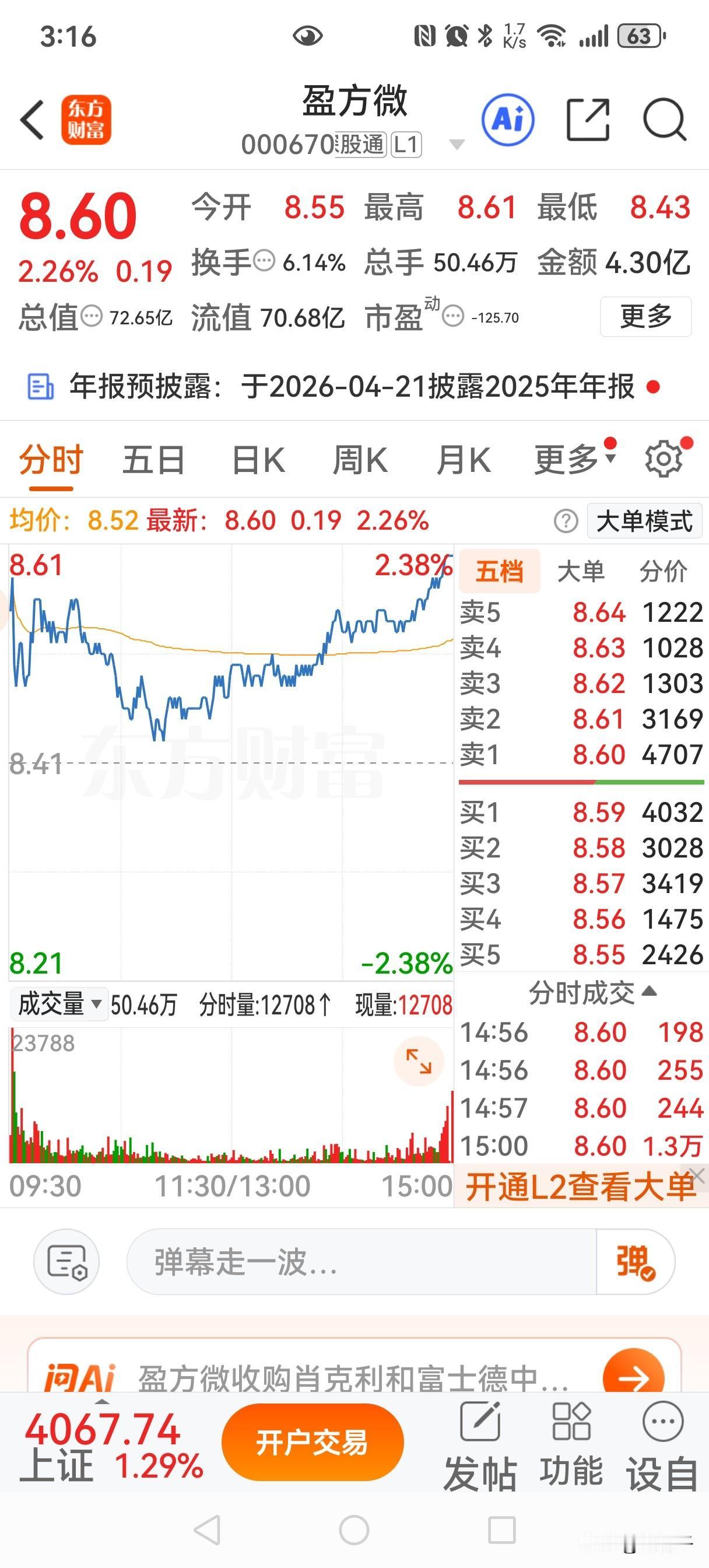 盈方微今天止跌了，而且还比开盘价涨了5分钱，收了红十字星！盈方微今开盘 8.55