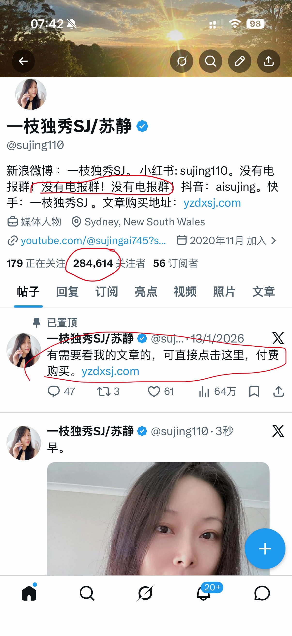 这里可以找到我：推特（X）红线部分，是Sujing110，0后面没有x。关注人数