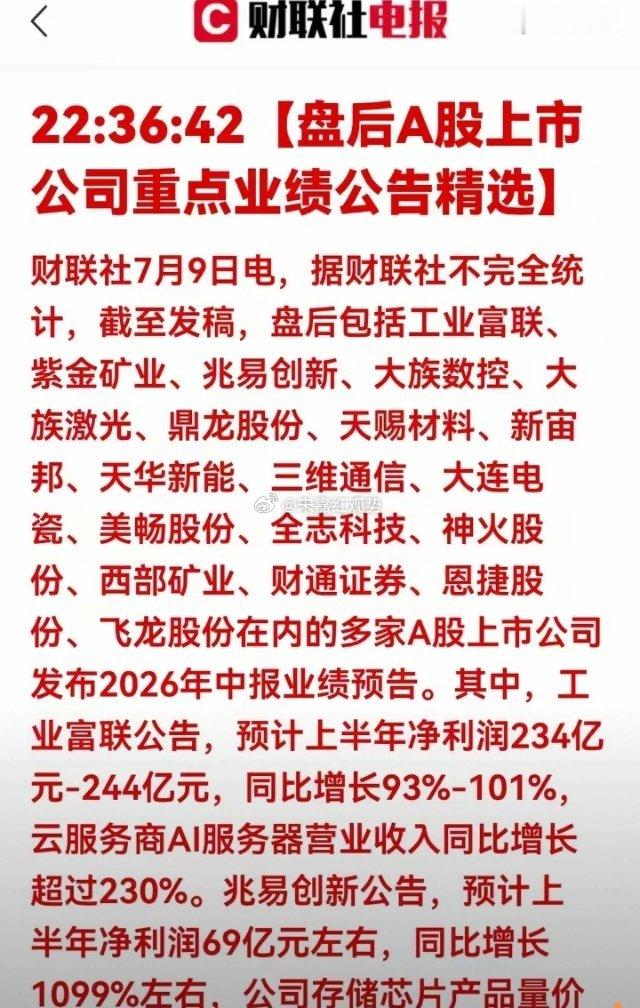 重大利好！中报业绩集中大爆发，算力、存储两大主线走强7月9日多家企业发布半年业绩