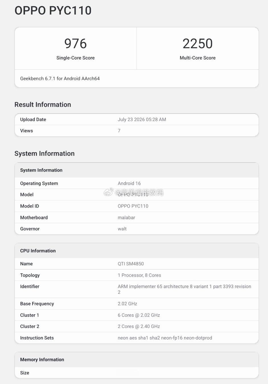 OPPO A7 Pro max 现身跑分平台(pyc110)，首发骁龙4G5，g