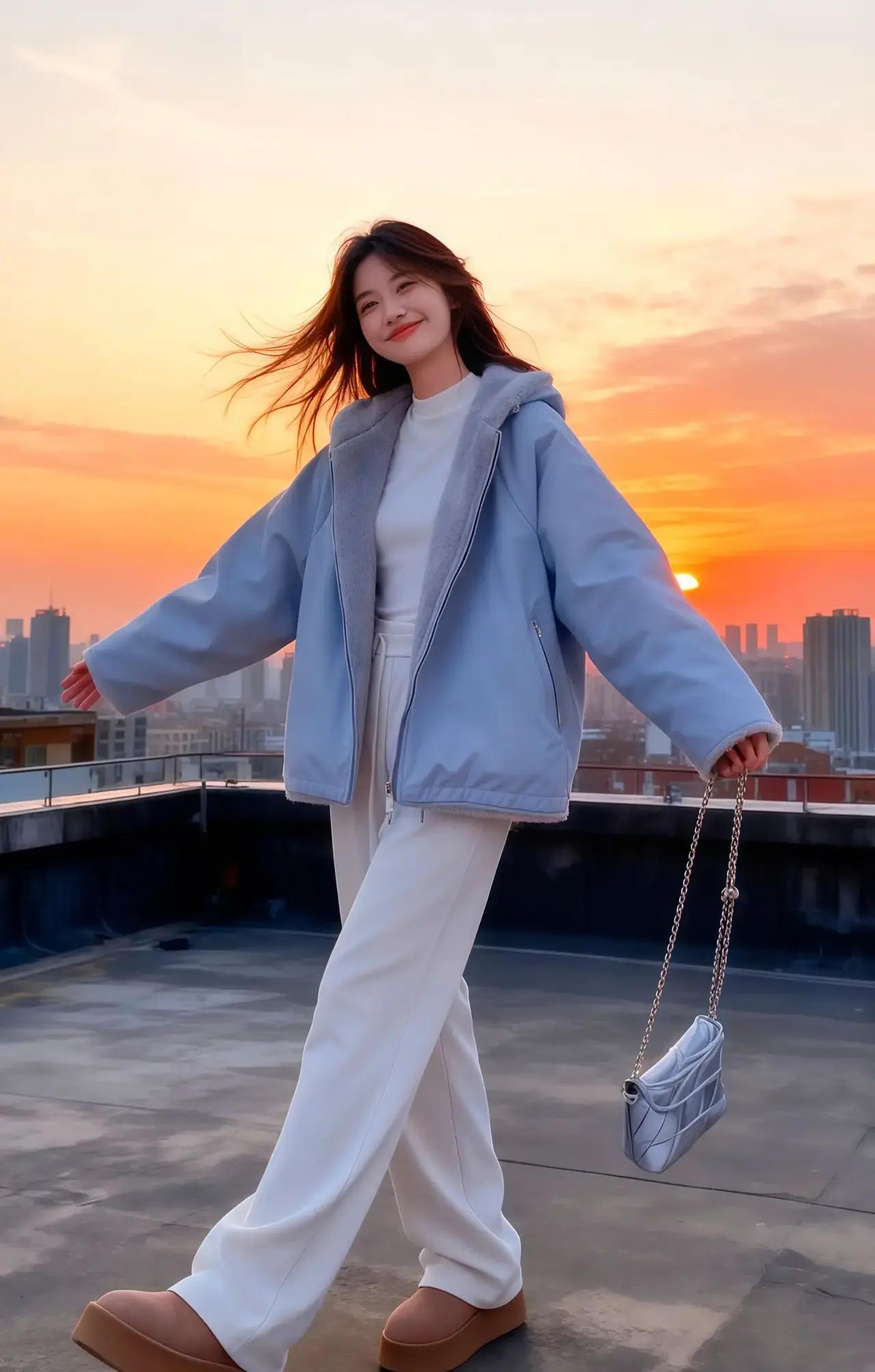 落日余晖下，轻纱拂面来。