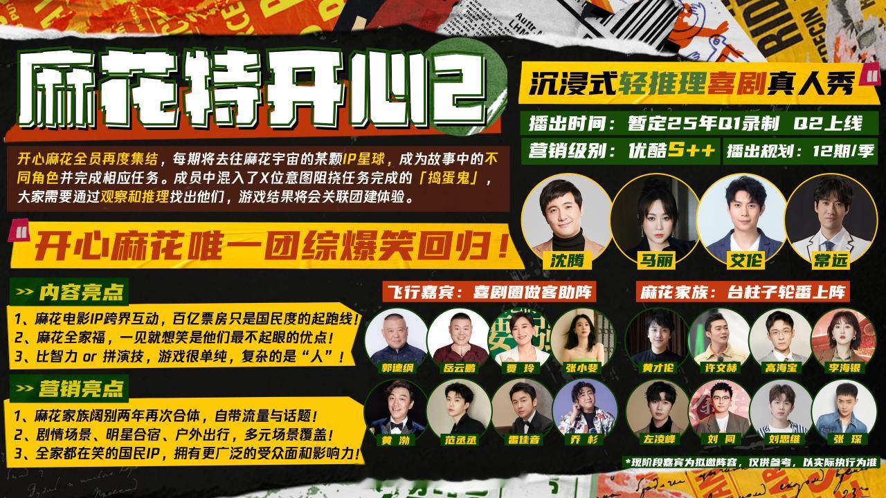 优酷S＋＋综艺《麻花特开心2》常驻：沈腾、马丽、艾伦、常远播出时间:暂定25年Q