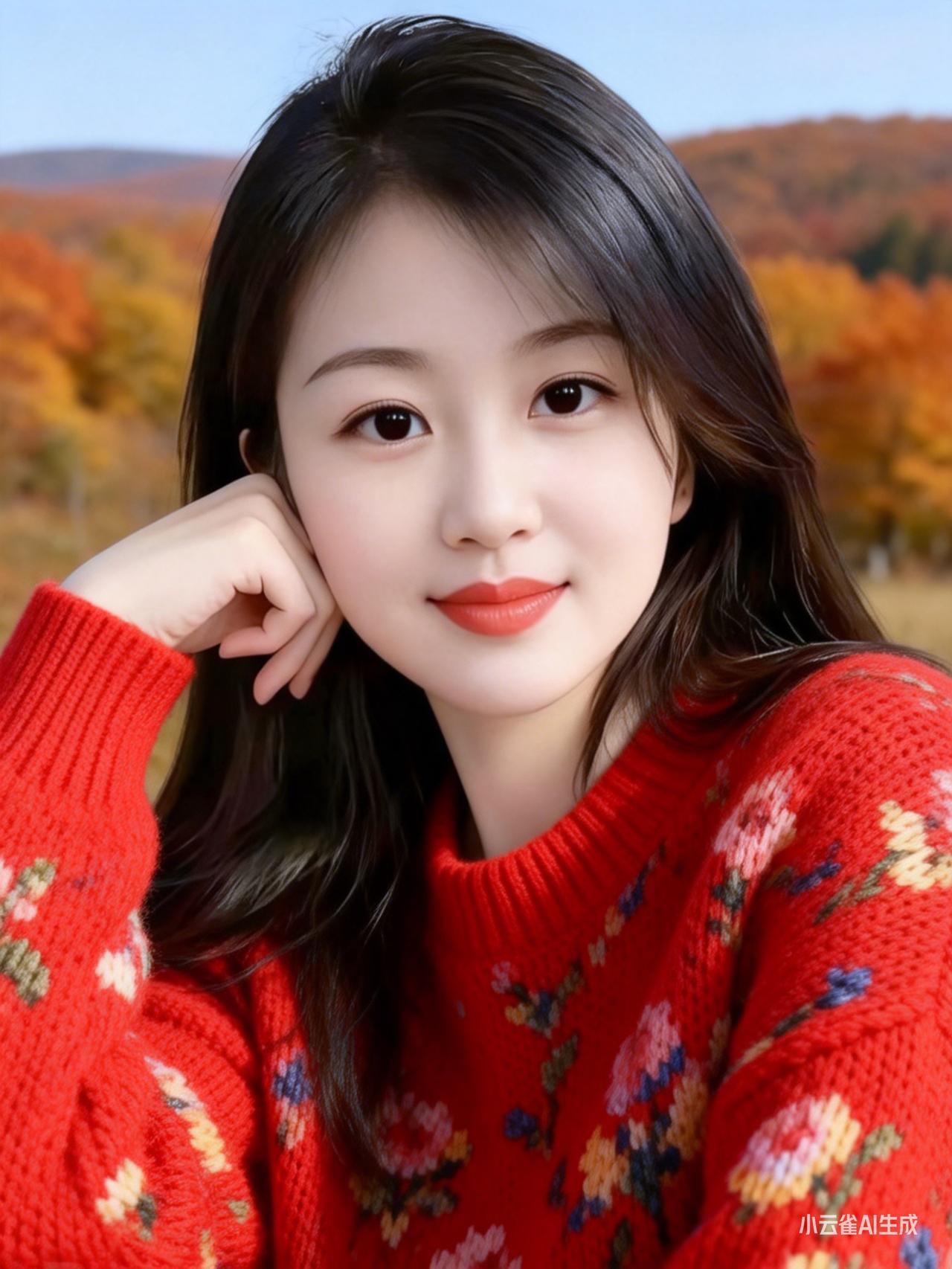 秋日暖阳下的甜美女孩，红衣与落叶相映成趣。🍂💖