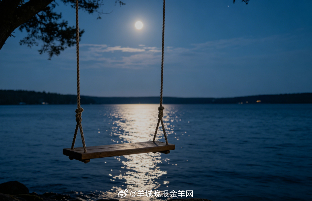 #晚安# 清浅月光轻轻覆在临湖木秋千，湖面泛着细碎银波，四下静悄悄的。静坐秋千上