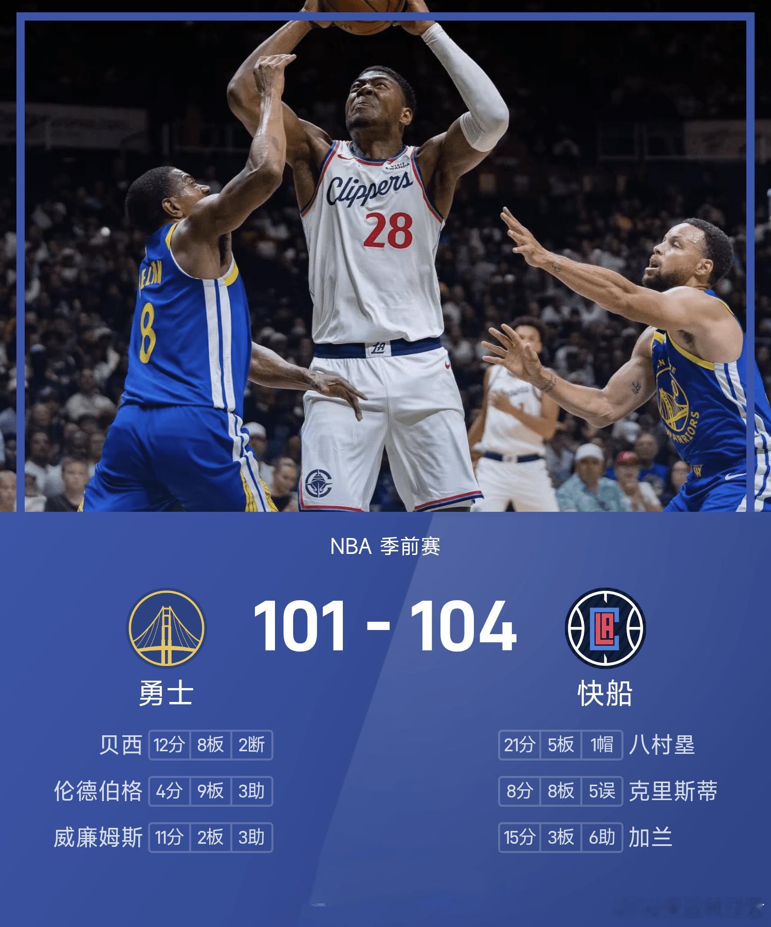 NBA季前赛：快船104-101险胜勇士NBA季前赛上演焦点对决，快船坐镇主场迎