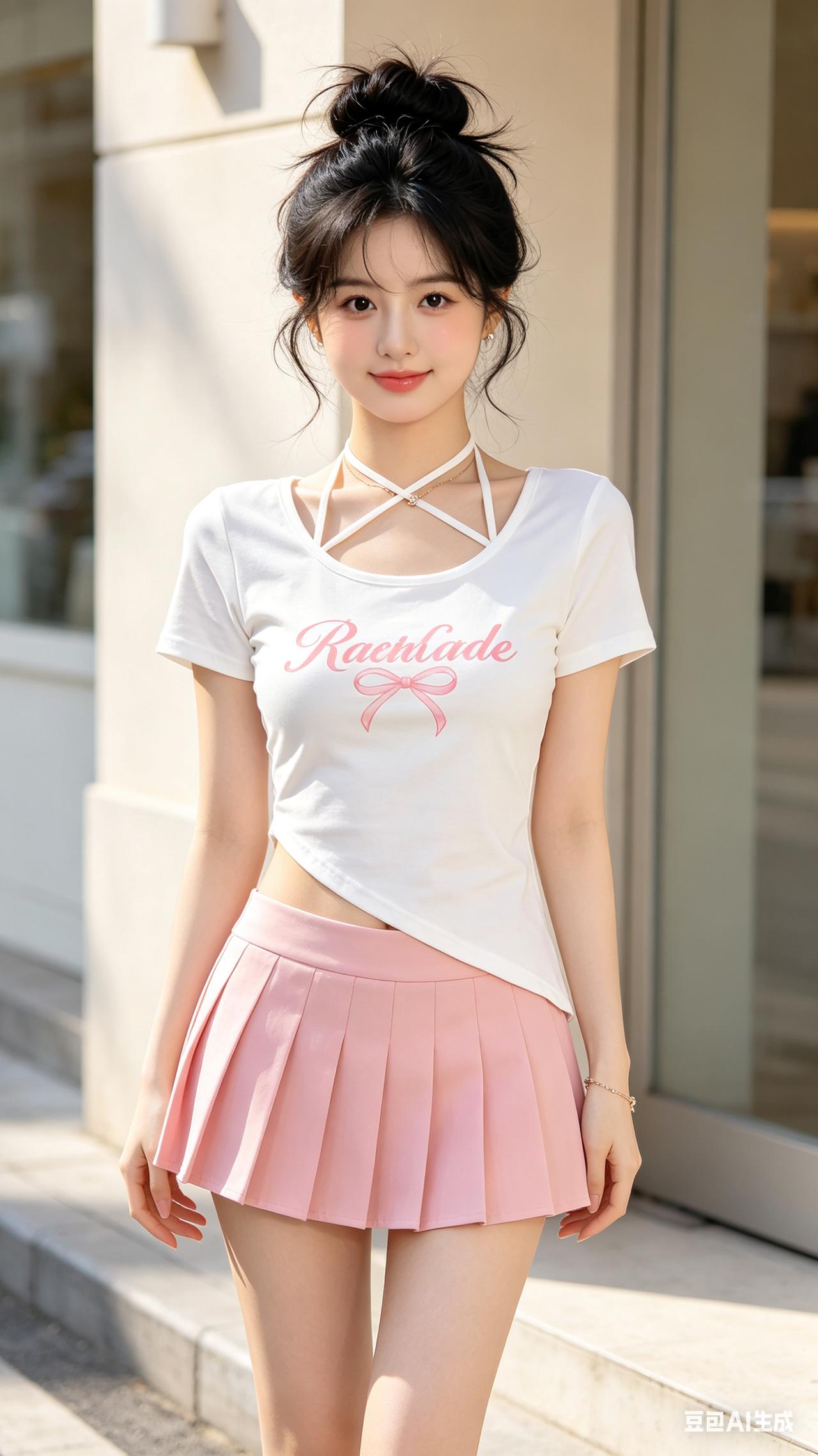 蓬松高丸子头甜美白皙少女，白印花T恤搭配粉百褶裙，叠戴细金首饰。午后柔光，浅粉奶