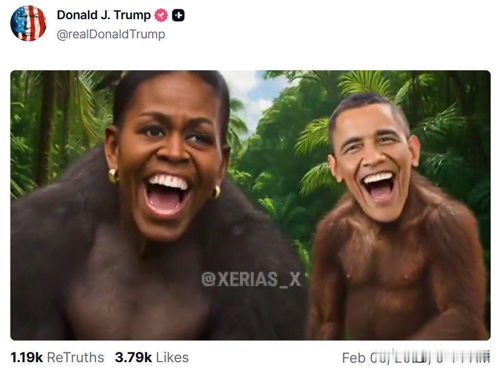 昨天，美国总统特朗普在社交平台发布的一段视频内容中，将前总统奥巴马夫妇被描绘成猴