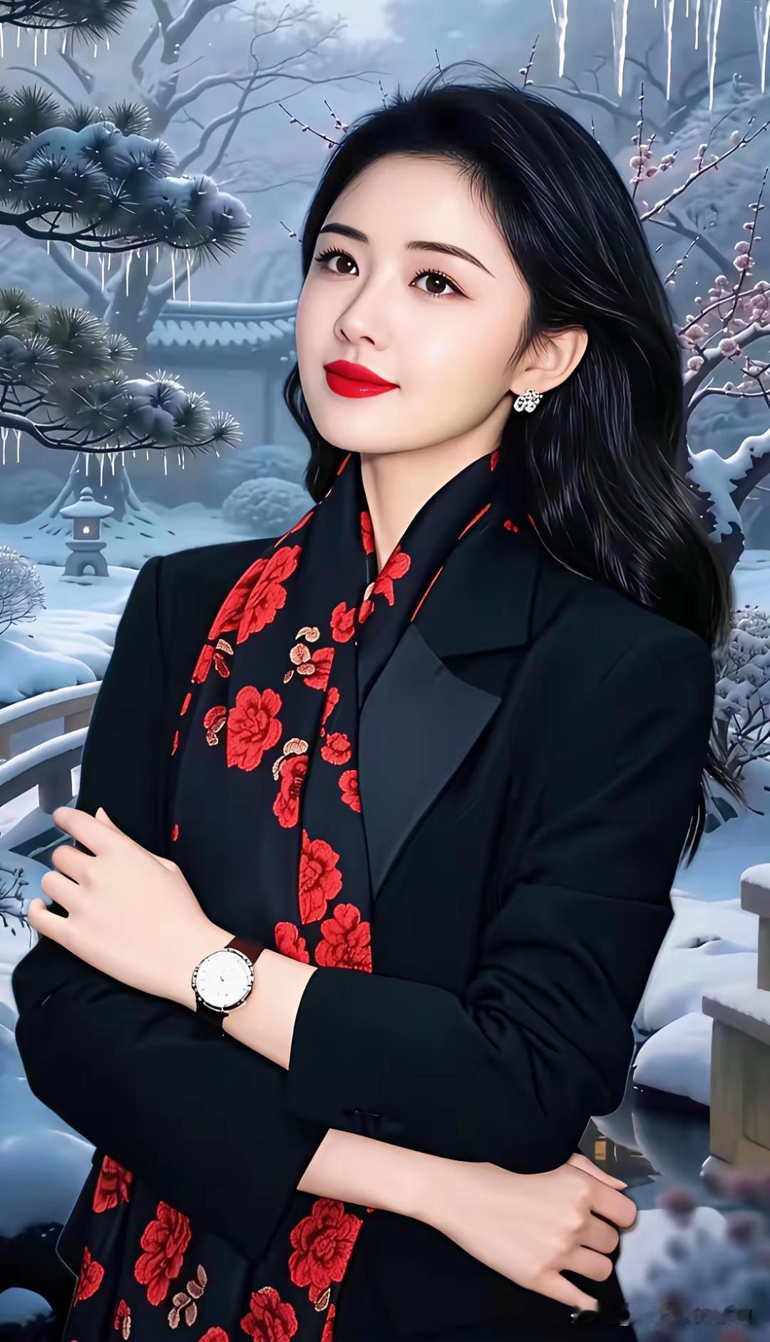 这位美女穿着红色花衣，站在雪景中。