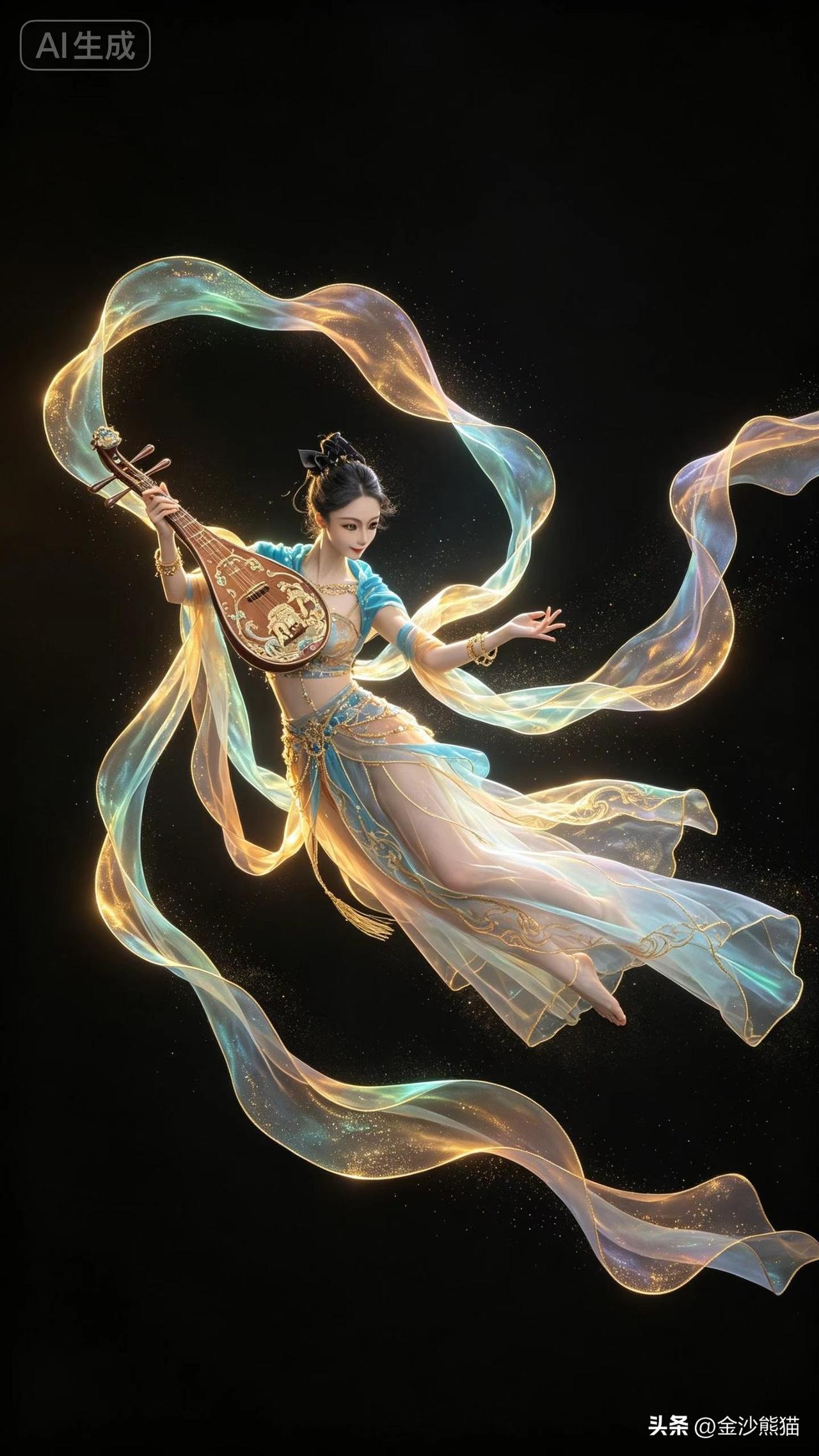 敦煌飞天-2 琵 琶
此曲只应天上有，
摄影作画得一闻。
用AI生成的效果图。