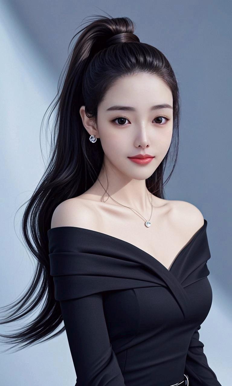 马尾高束似瀑流，黑衣裁得俏肩头 耳钻颈链添精巧，发丝轻扬带风柔 静态也...