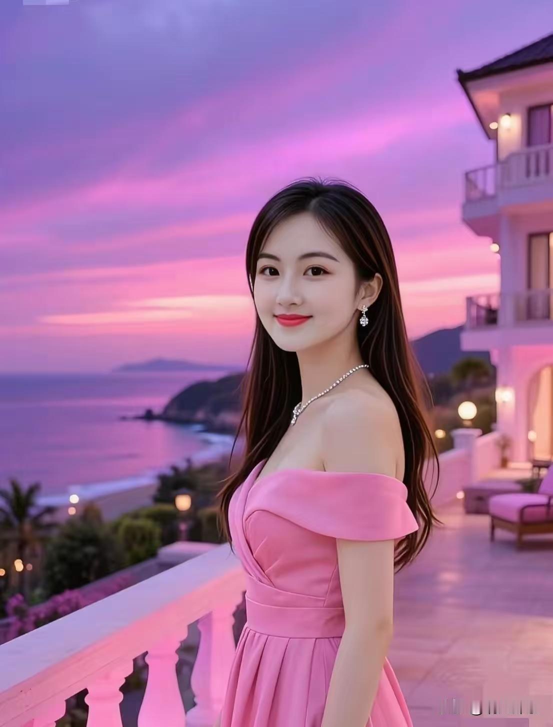 粉橘晚霞漫覆海边露台，晚风轻拂少女发丝，眉眼弯起清甜笑容，柔光漫洒海面，细碎波光