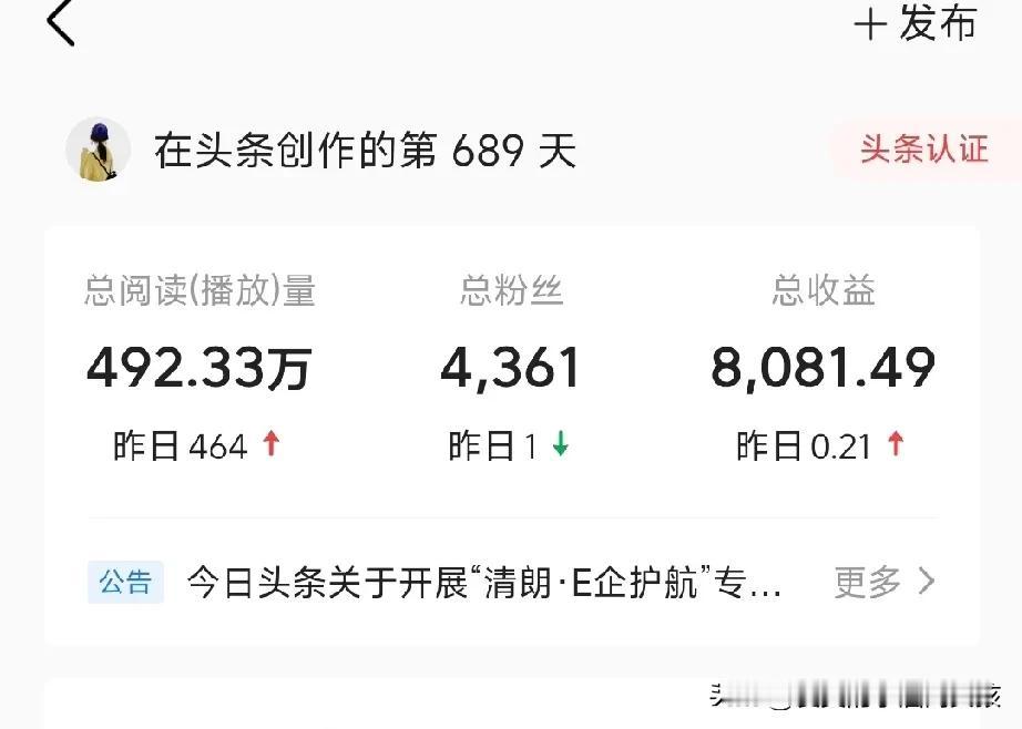 我在头条赚了8081元
创作的第689天
这期间
有三百多天没有更新
最近更新了