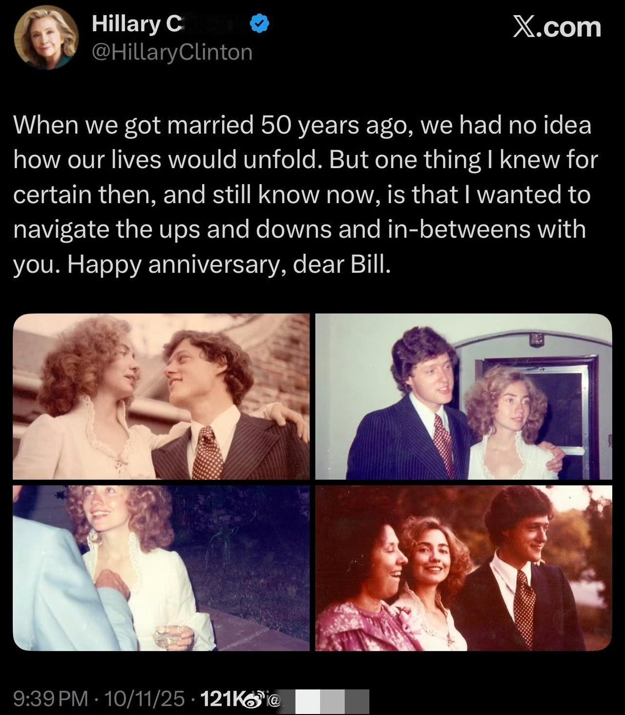 哇塞！
克林顿和希拉里结婚50周年了？
两个人在网上发帖子秀恩爱，共同纪念，回顾