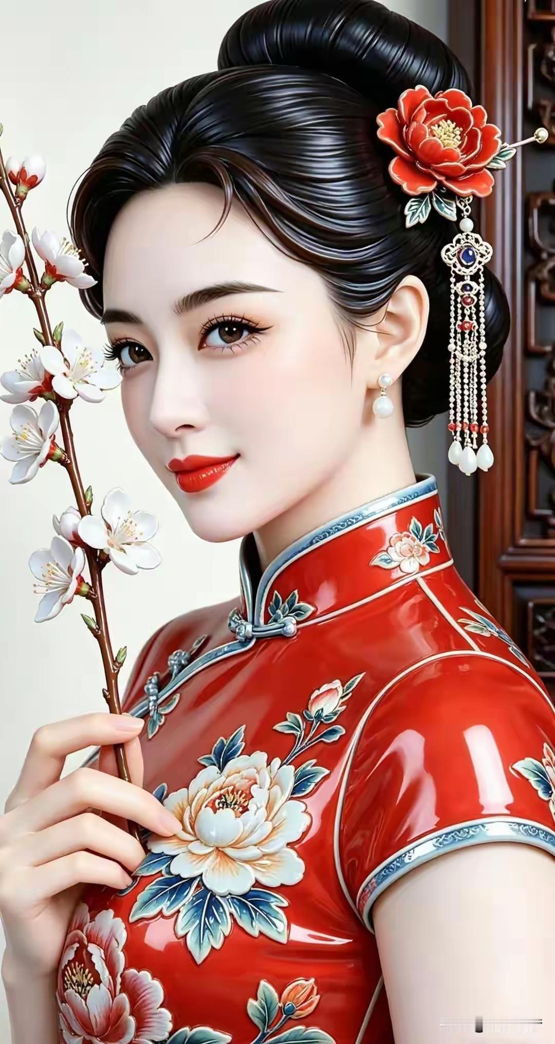 古典美人与传统旗袍的完美结合，尽显东方韵味。
