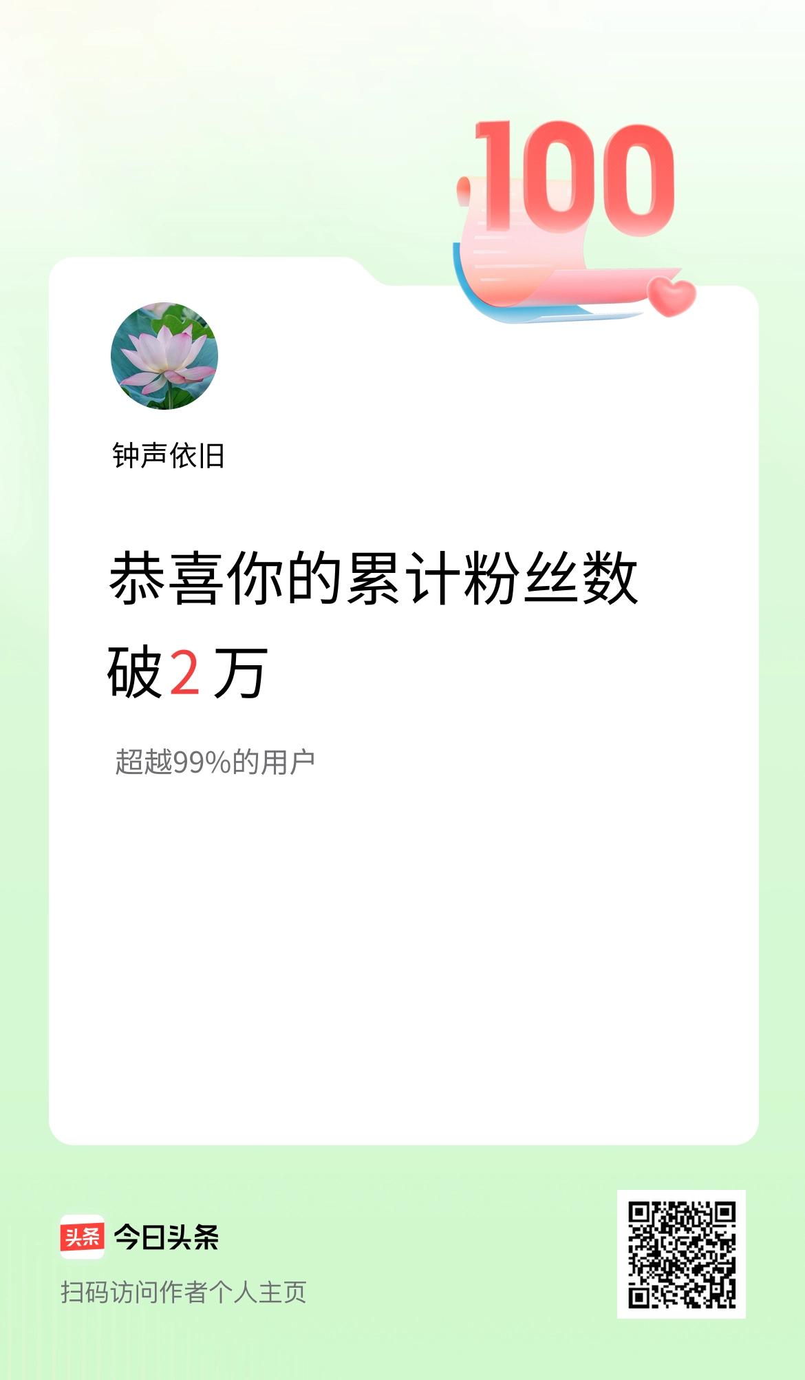 我在头条累计粉丝数破2万啦！在头条辛勤耕耘三年，获得读者的认可，收获满满。感谢广
