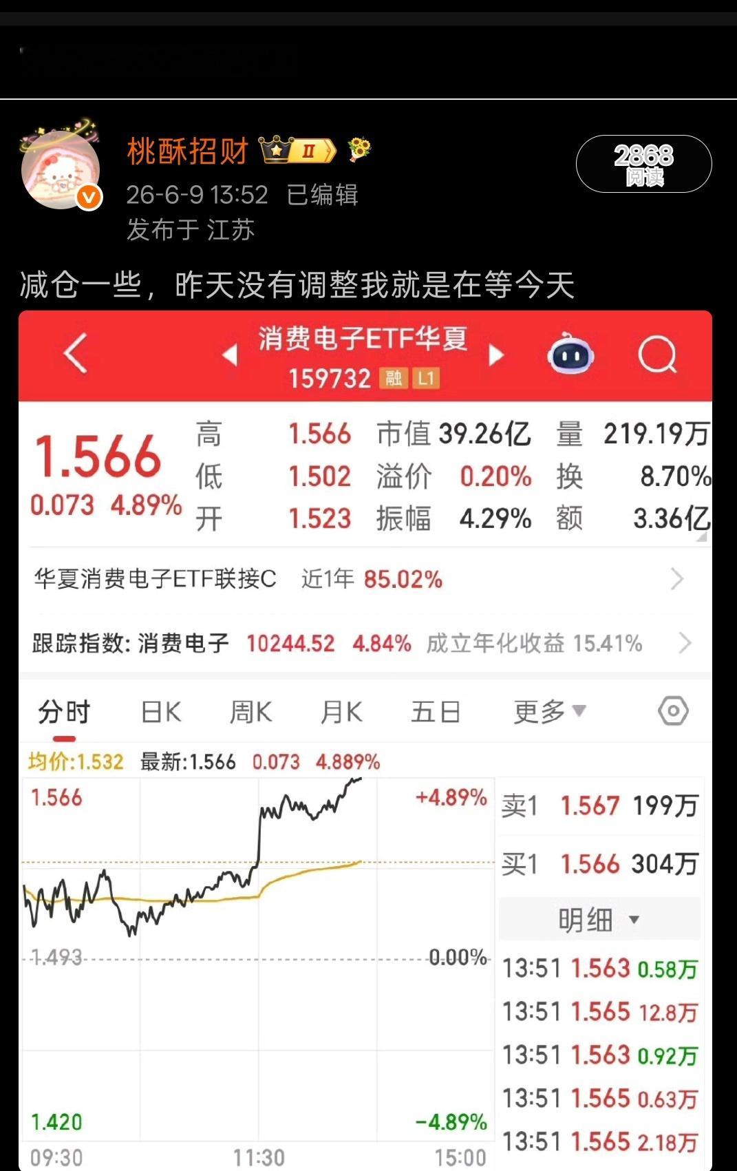 今天下午在消费电子快速拉升做了部分的减仓处理，这也是我昨天复盘里提前讲过的，要在
