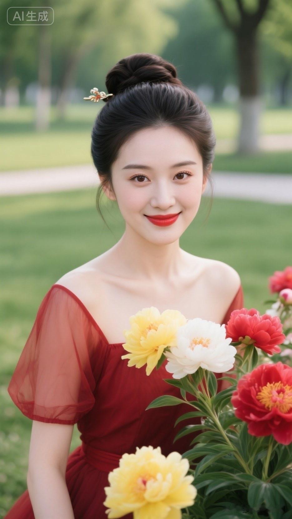 一个女孩站在花丛中微笑。