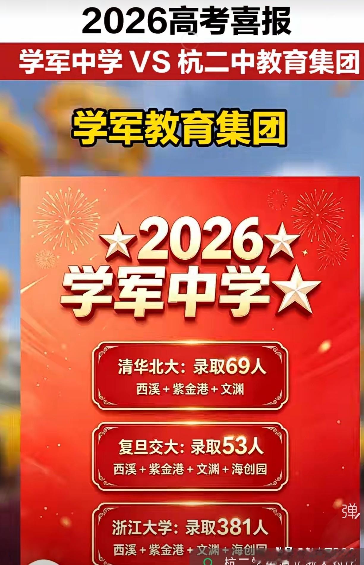 杭州家长这两天朋友圈又被刷屏了。学军中学和杭二中教育集团那张“2026高考喜报”