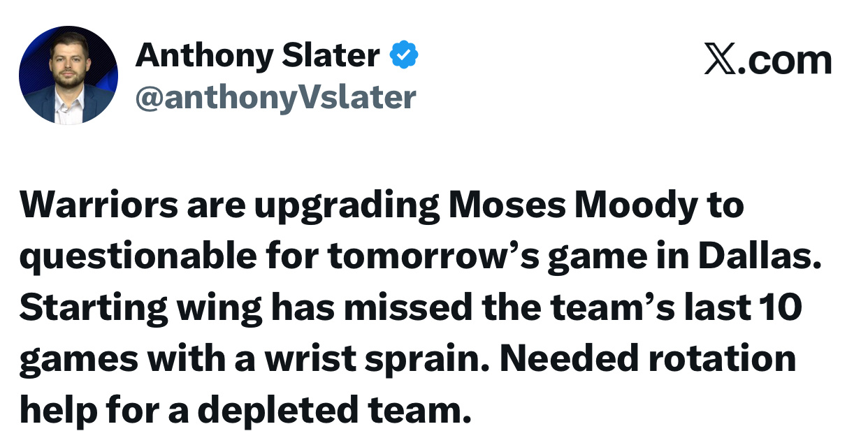 终于健康了，明日上午九点半客场VS独行侠，穆迪状态升级为出战成疑！