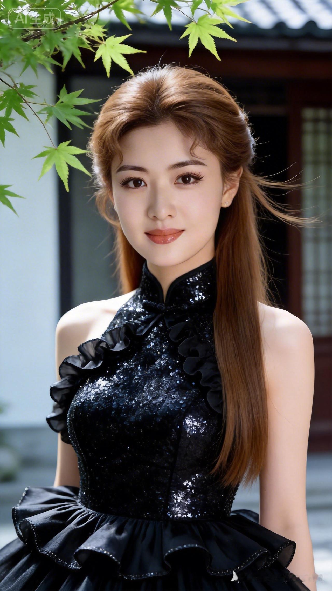 20岁中国姑娘，棕发半扎半披，冷白奶油肌，妆容精致，身着宝石黑新中式荷叶边礼服，