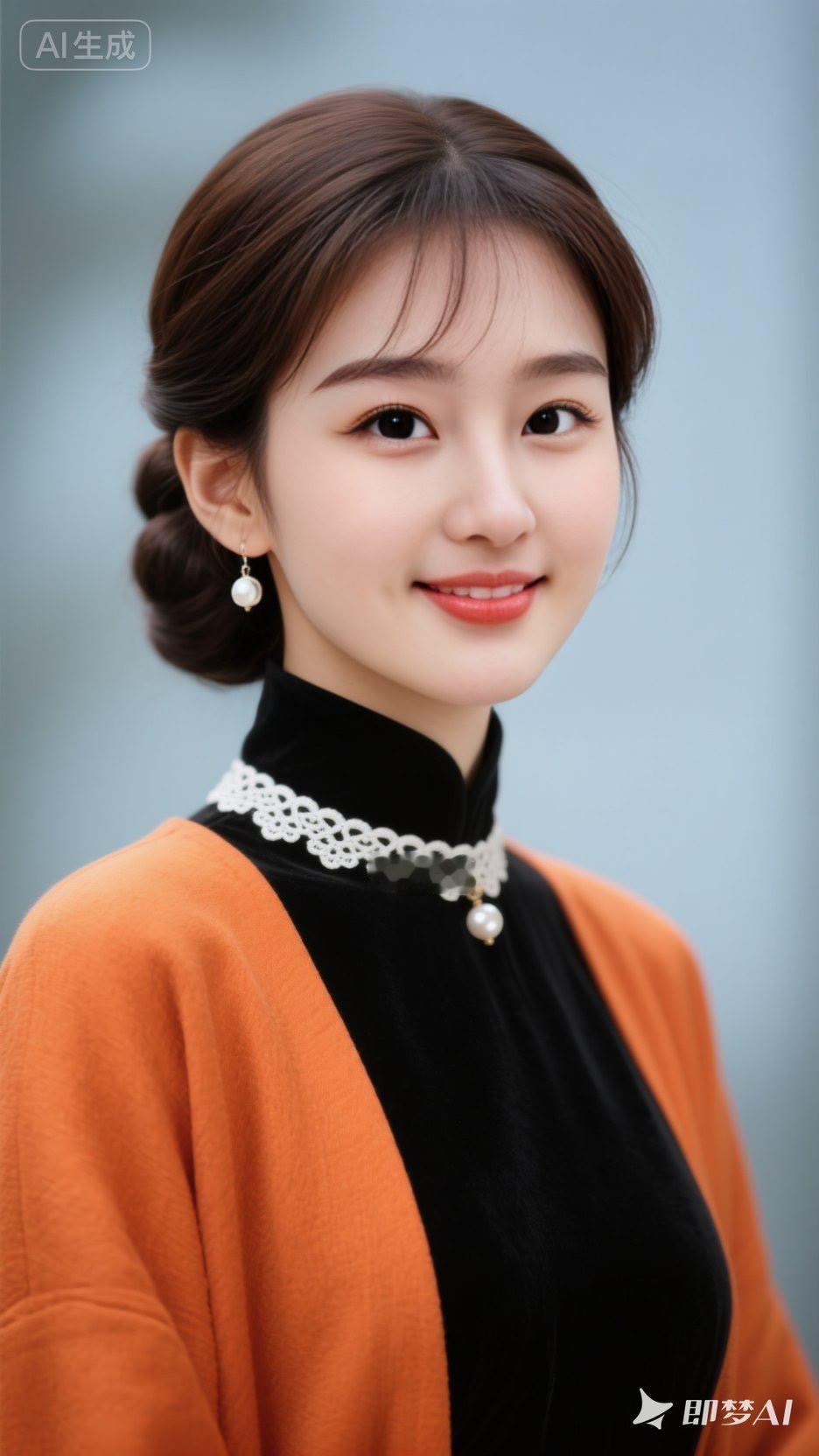 优雅气质，温柔微笑，珍珠耳环点缀，黑橙搭配，尽显时尚魅力。