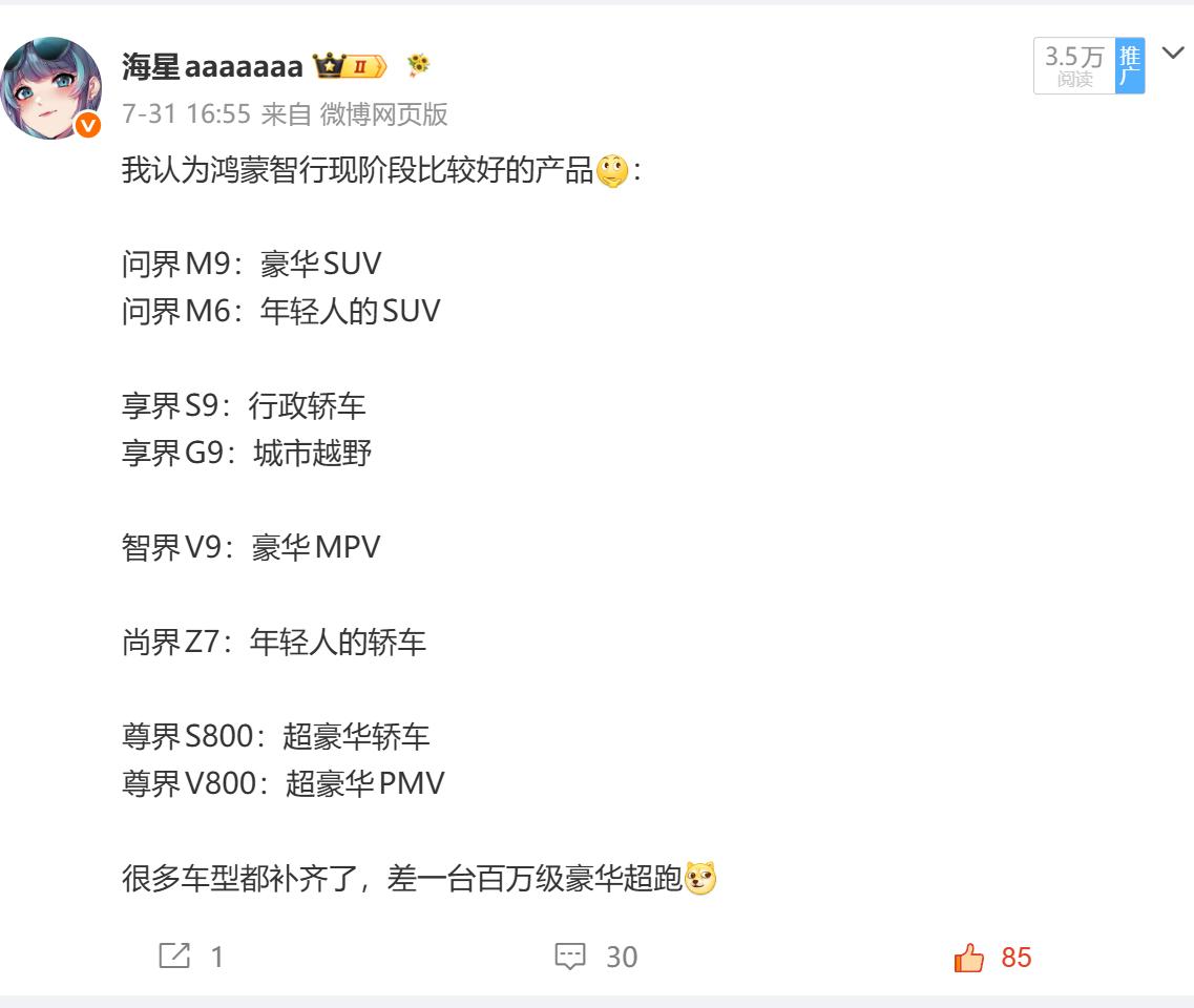 我认为鸿蒙智行现阶段比较好的产品：

问界M9：豪华SUV
问界M6：年轻人的S