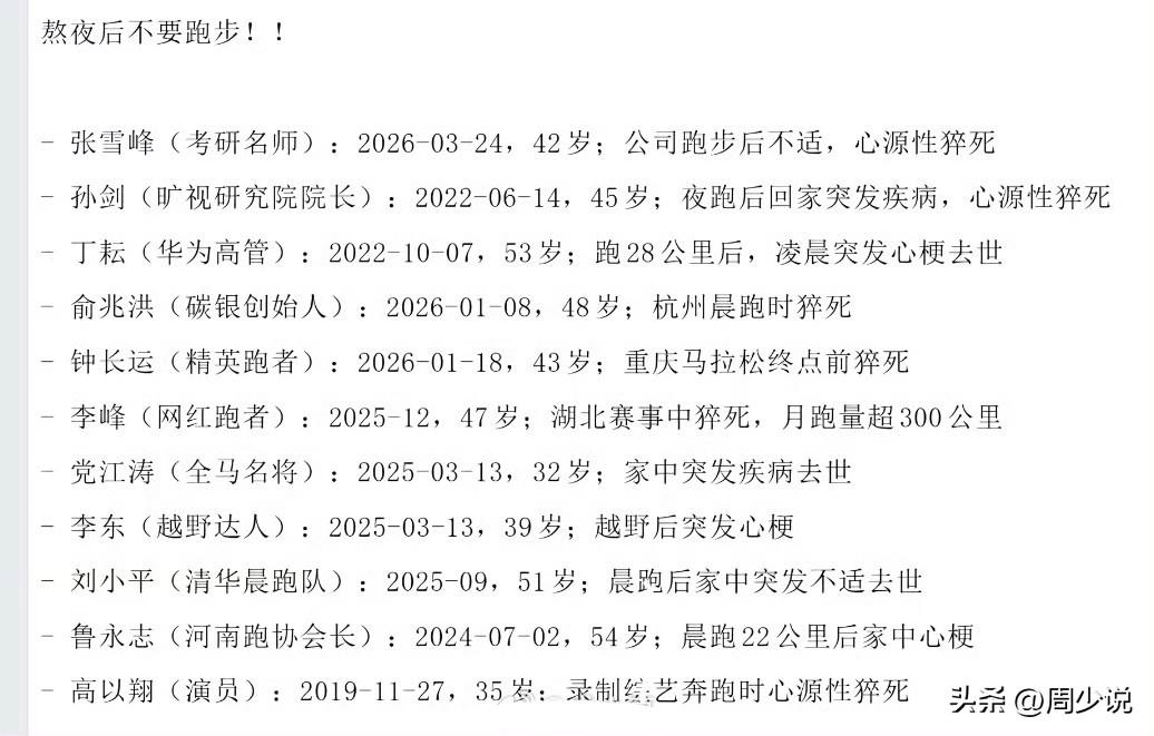 熬夜后真的千万不要跑步啊！网友整理了一份熬夜后加速运动猝死的名单，看完之后，真被