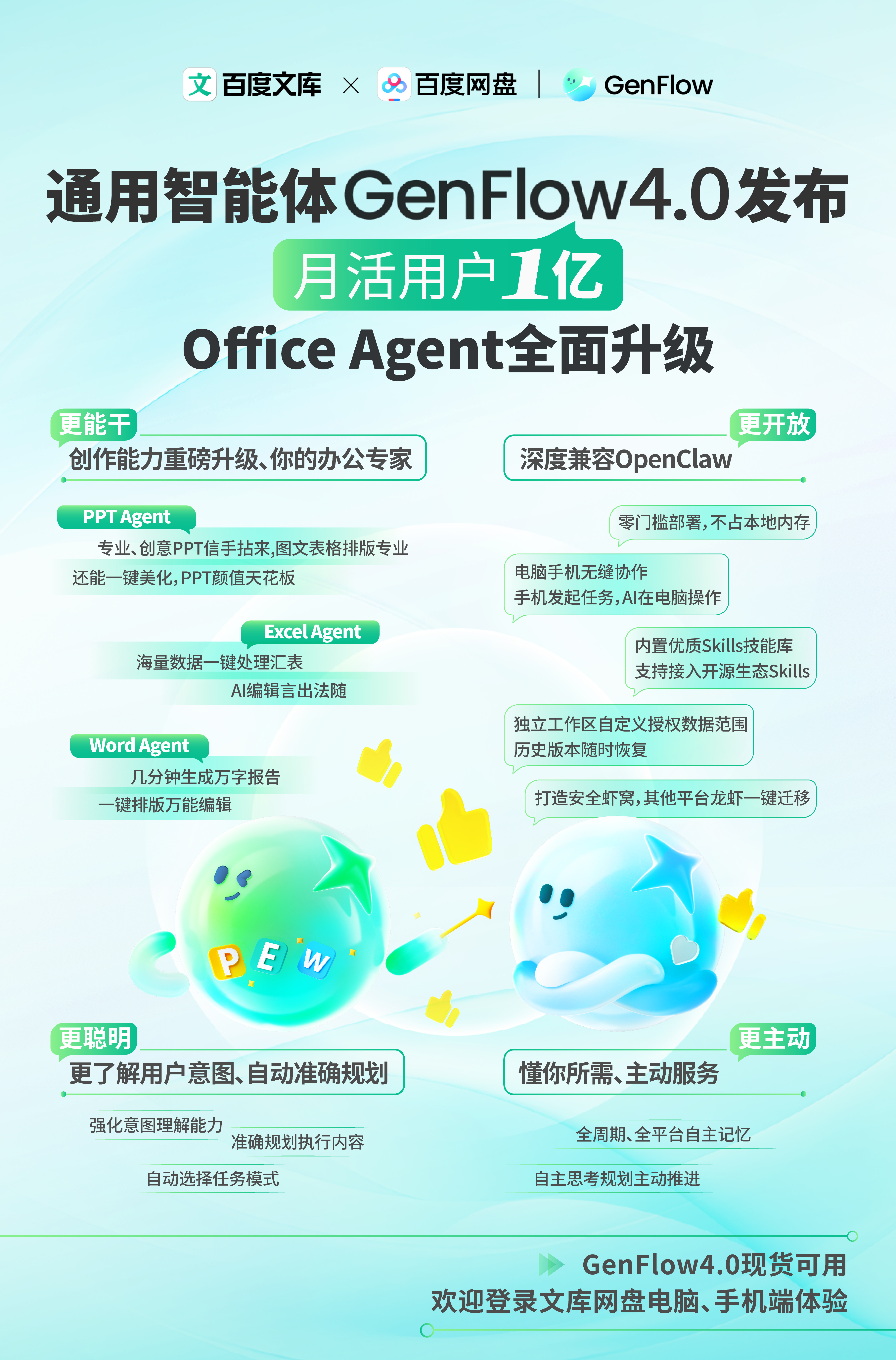 百度通用智能体GenFlow4.0月活用户超1亿，升级Office Agent成