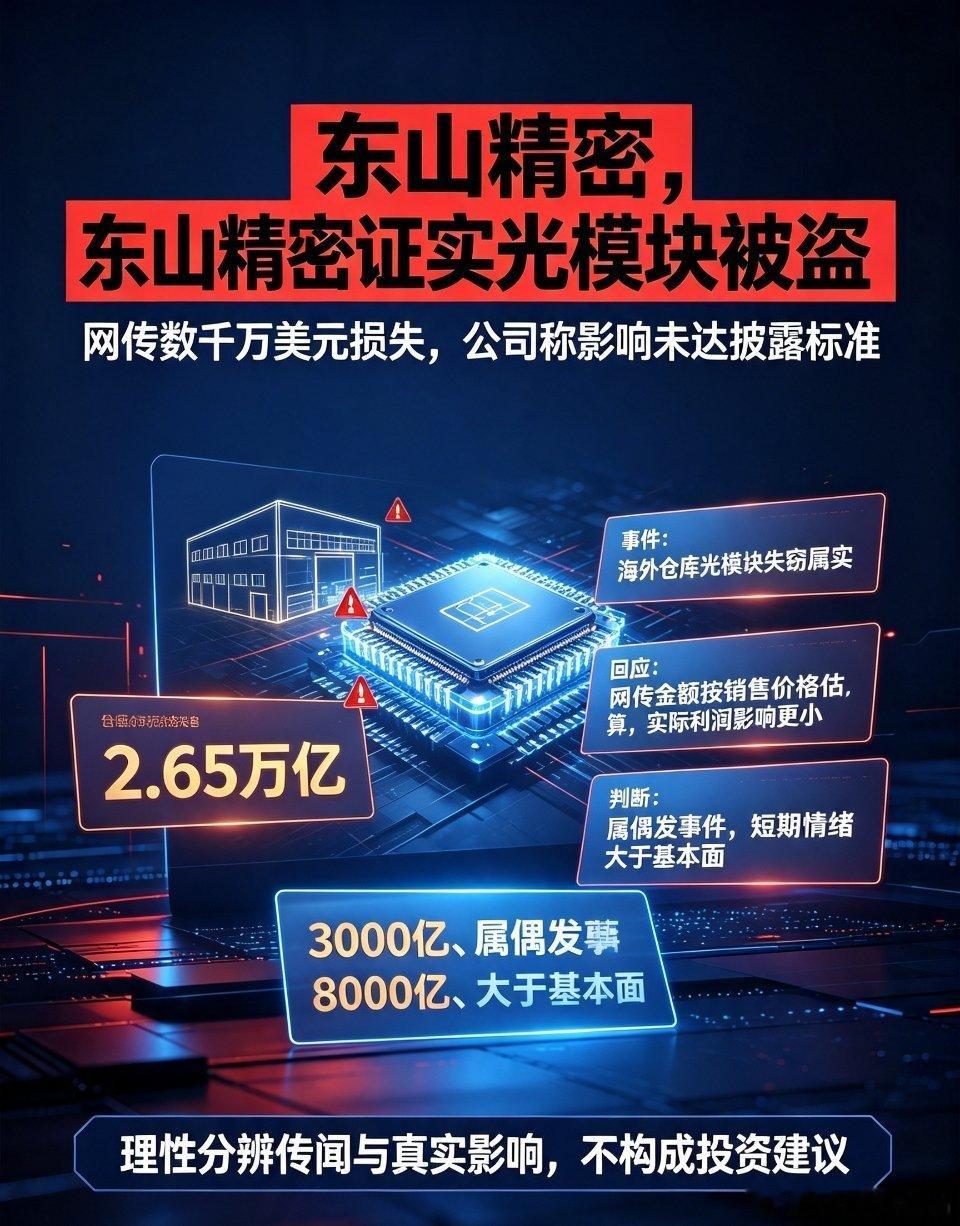 离谱传闻落地！东山精密证实海外光模块失窃，但影响未达披露标准此前全网流传的市场小
