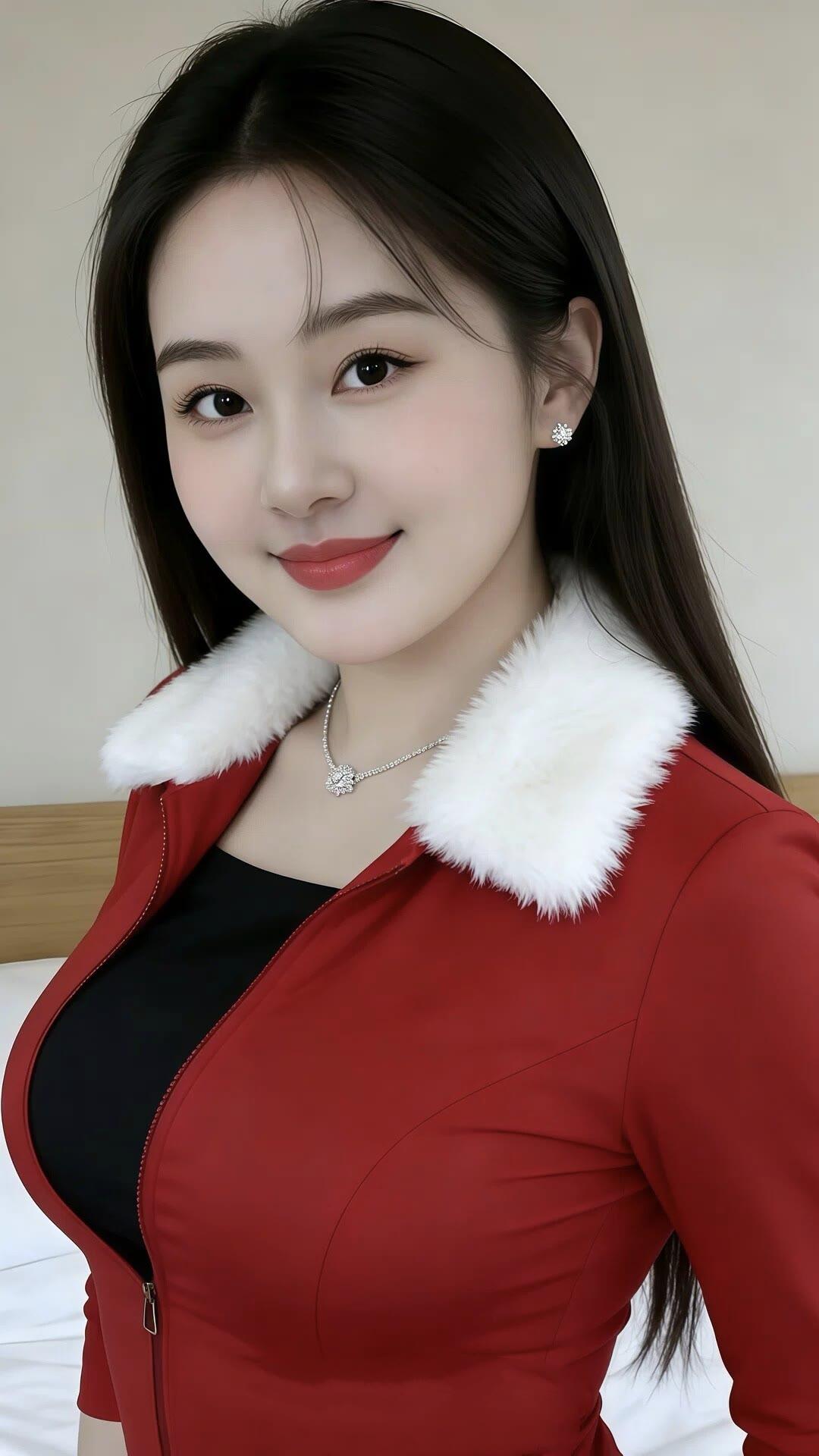 甜美笑容，红衣白毛领，闪耀耳环，时尚穿搭