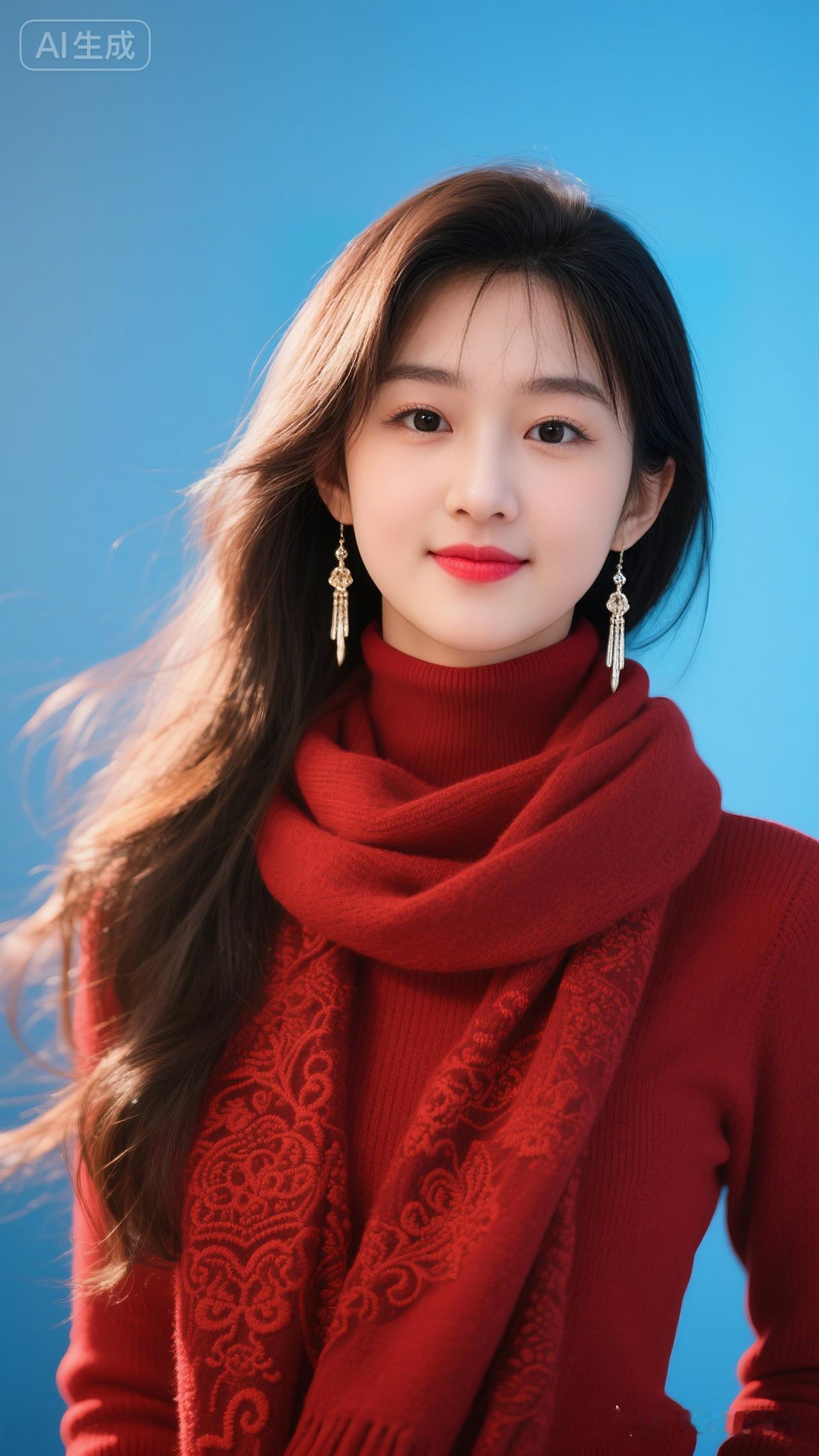 冬日暖阳下的红衣少女，温柔动人，尽显冬日暖意。