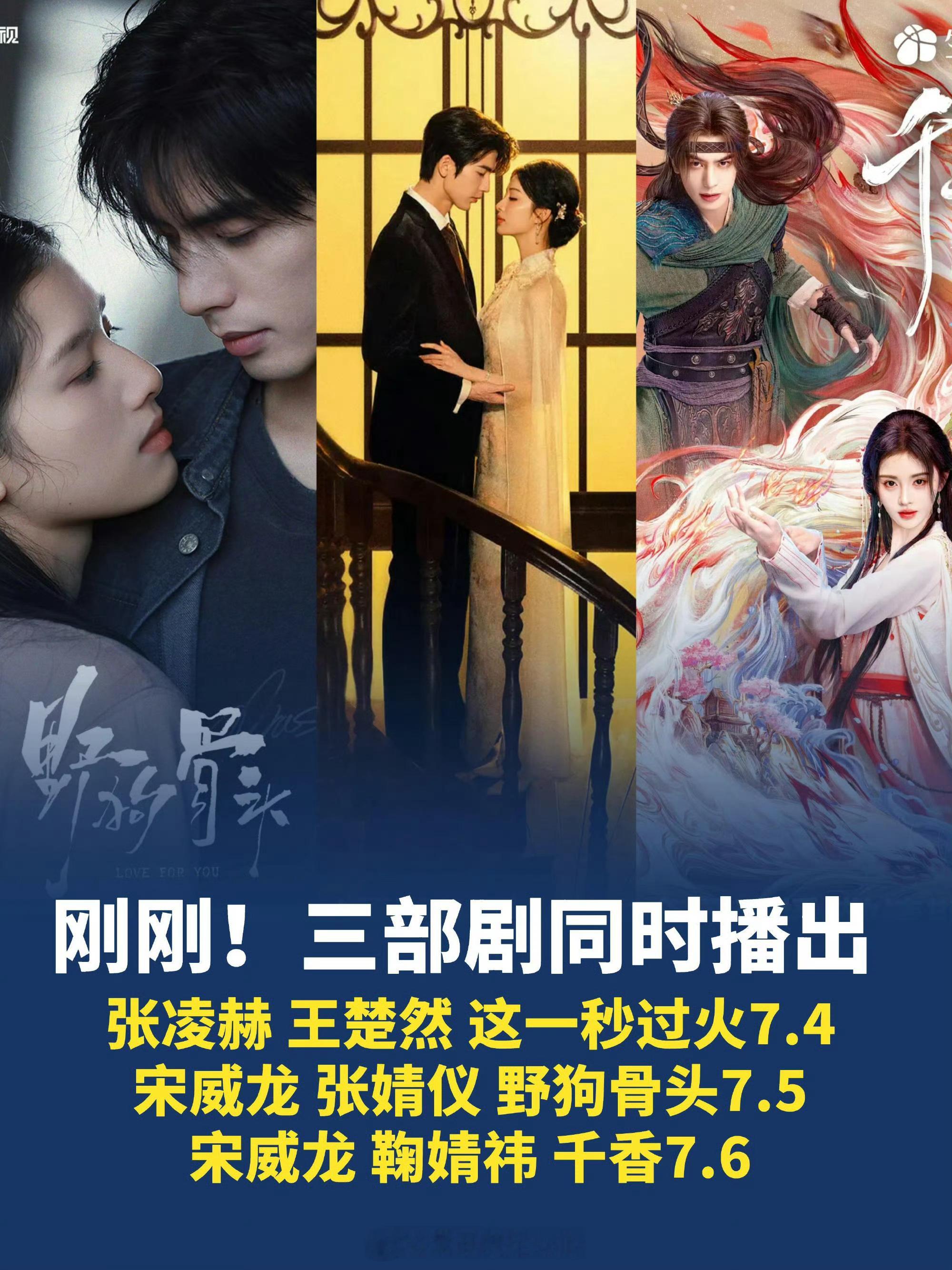 张凌赫 王楚然《这一秒过火》7.4宋威龙 张婧仪 《野狗骨头》7.5宋威龙 鞠婧