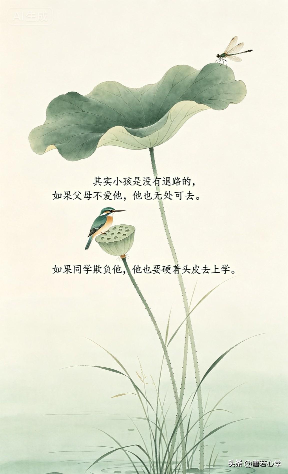 其实小孩是没有退路的，如果父母不爱他，他也无处可去。如果同学欺负他，他也要硬着头