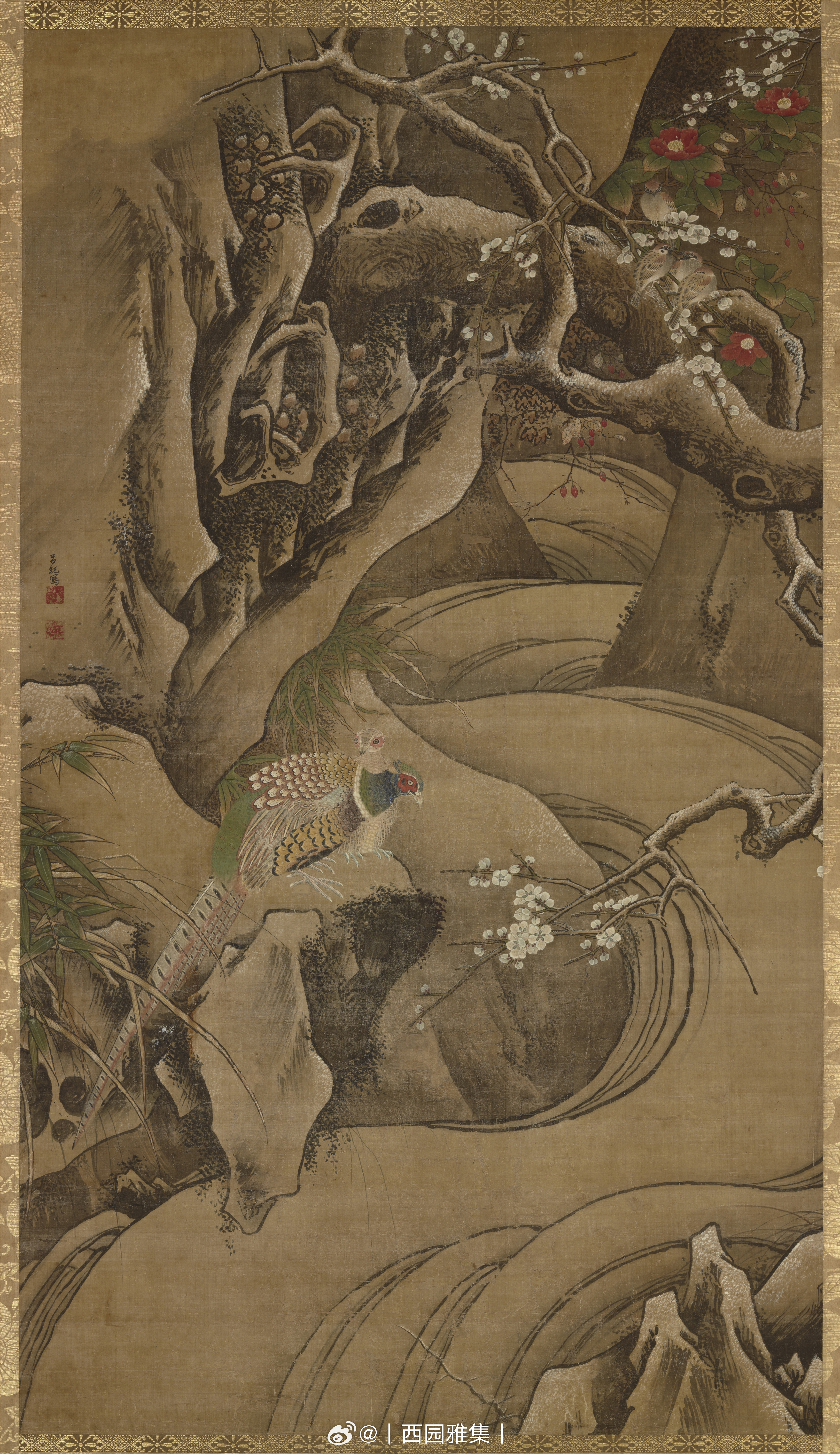 明 吕纪 四季花鸟图 绢本 立轴 设色 四季花鸟图共有四幅，春、夏、秋、冬各一幅