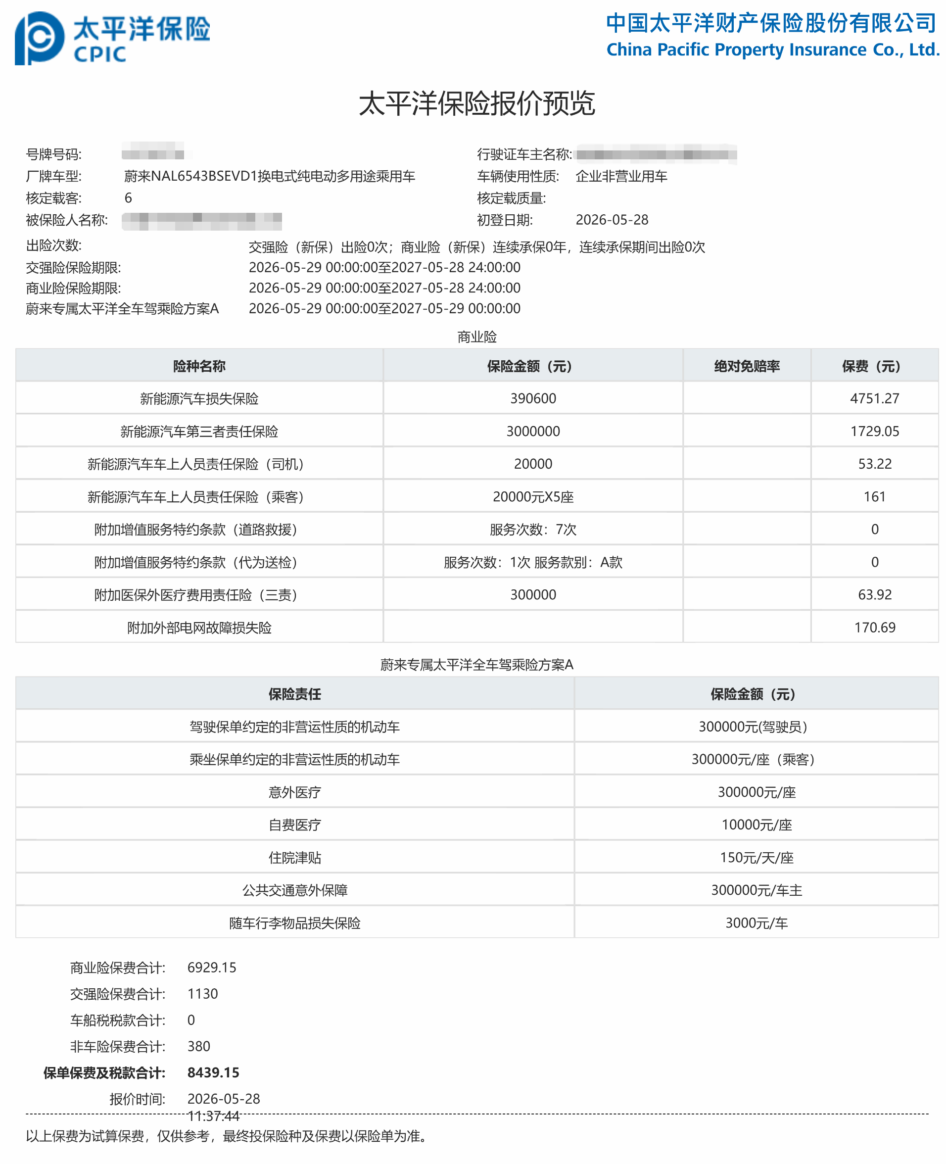 一洲长测车 / 蔚来ES9 签名版车险保费强险200000元，保费1130元车损