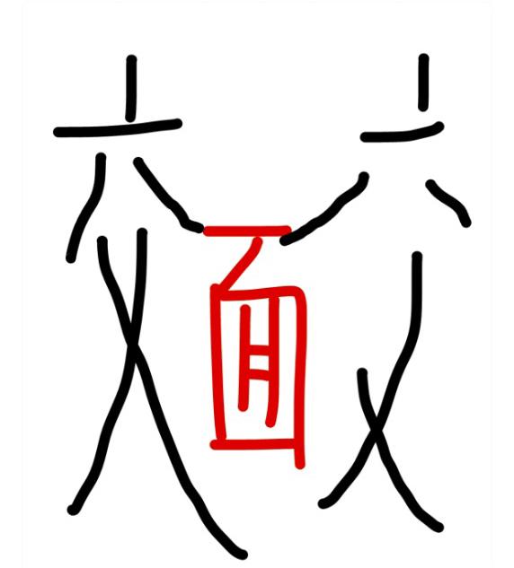 本来以为这种题随便拿捏，结果点开直接被难住了。
两个“交”字对着中间的“面”伸手
