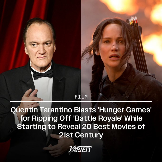 昆汀·塔伦蒂诺怒斥《饥饿游戏》作者苏珊·柯林斯，说她的小说抄袭了《大逃杀》。这是