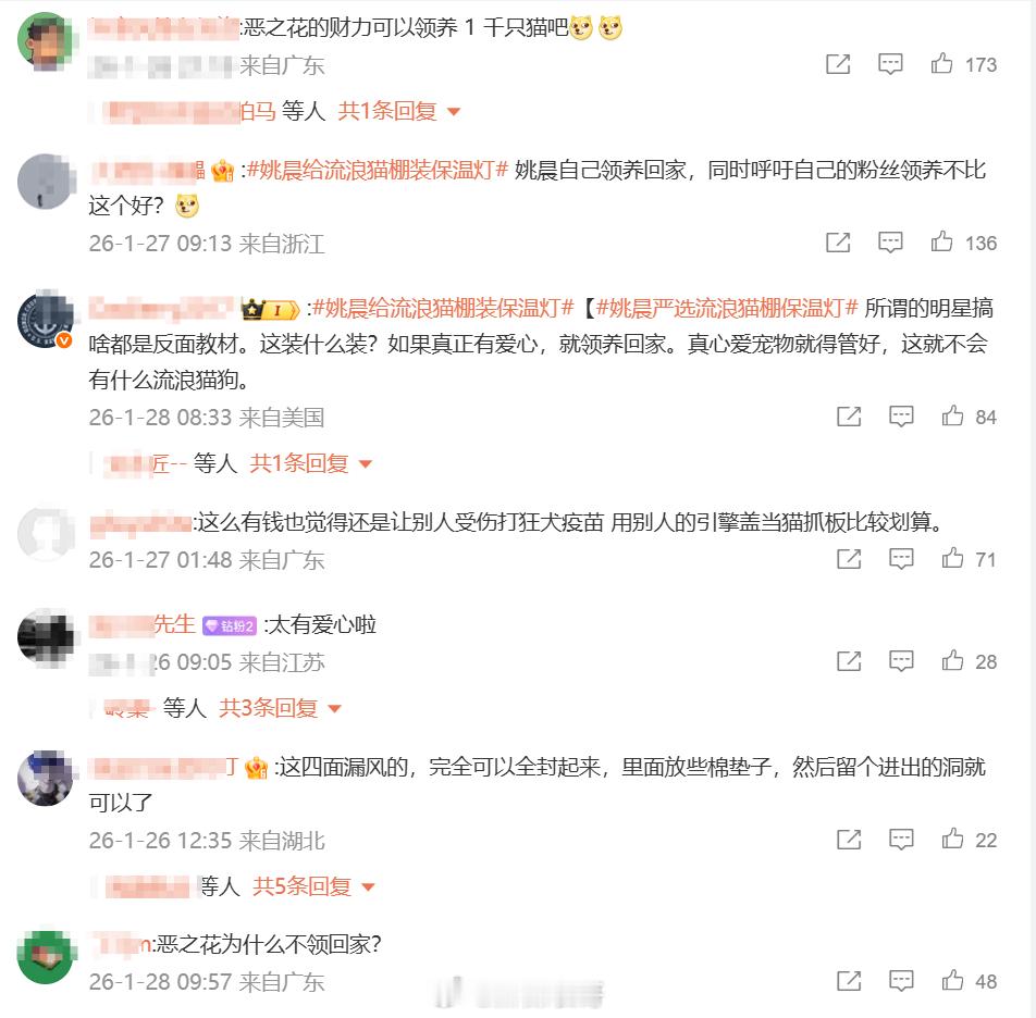 姚晨给流浪猫棚装保温灯，不过评论区都让她真的有爱心就领养回家 