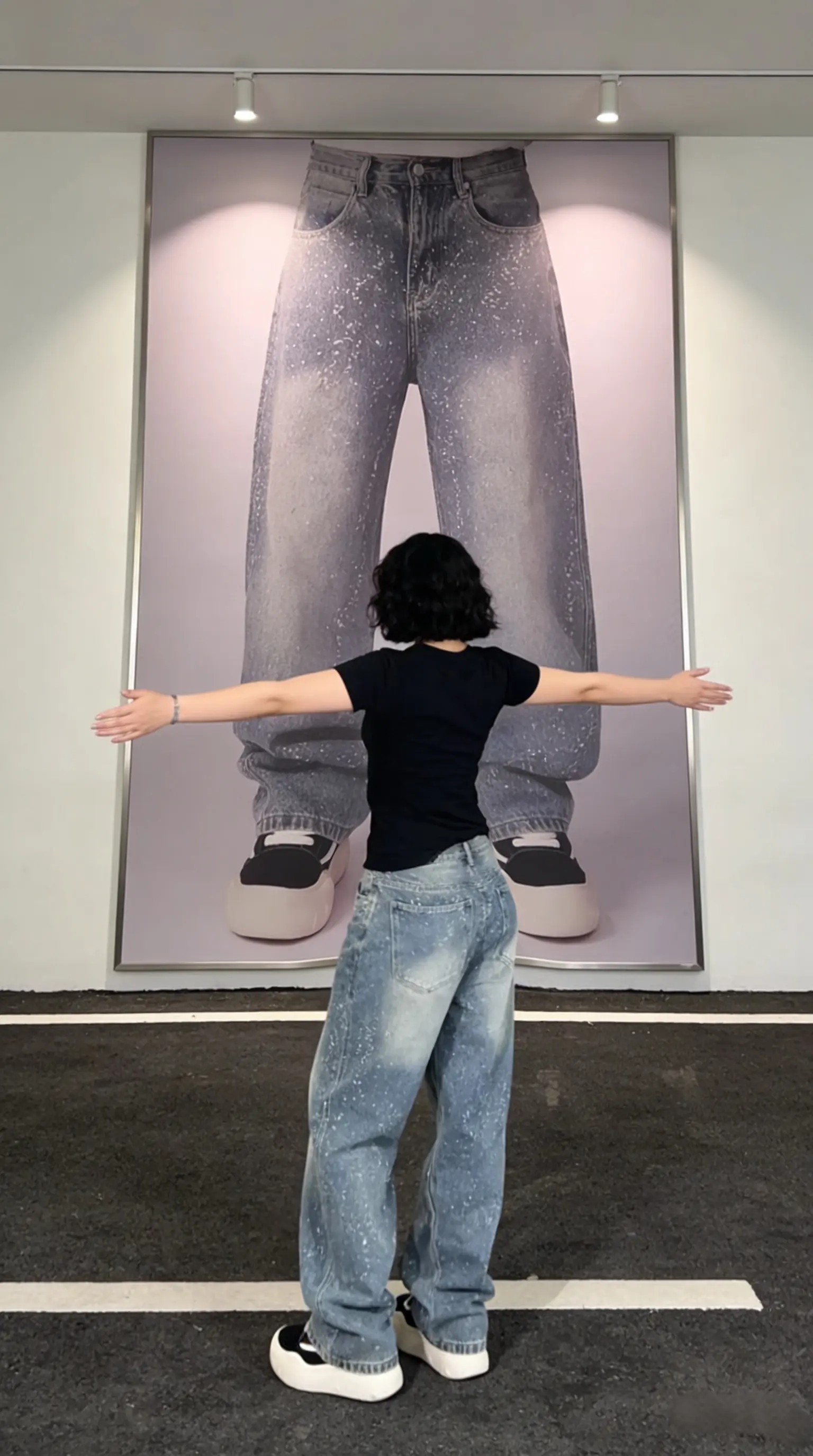 巴黎潮牌男士宽松直筒牛仔裤烫钻印花复古高街设计感亮片阔腿长裤