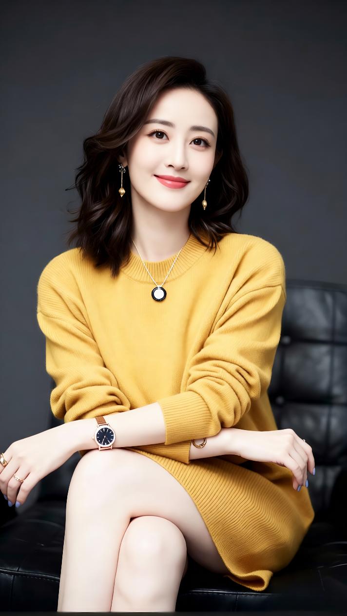 温暖明亮的黄色毛衣衬托出她白皙的肌肤，精致的耳环、项链和手表点缀出低调的奢华感。