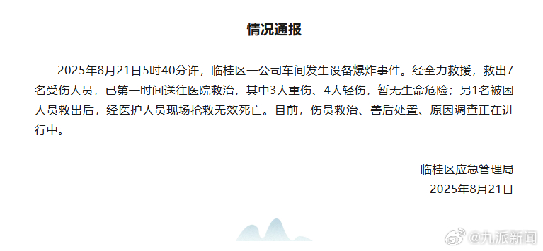 【#官方通报车间设备爆炸1死7伤#】8月21日，广西临桂区应急管理局：2025年